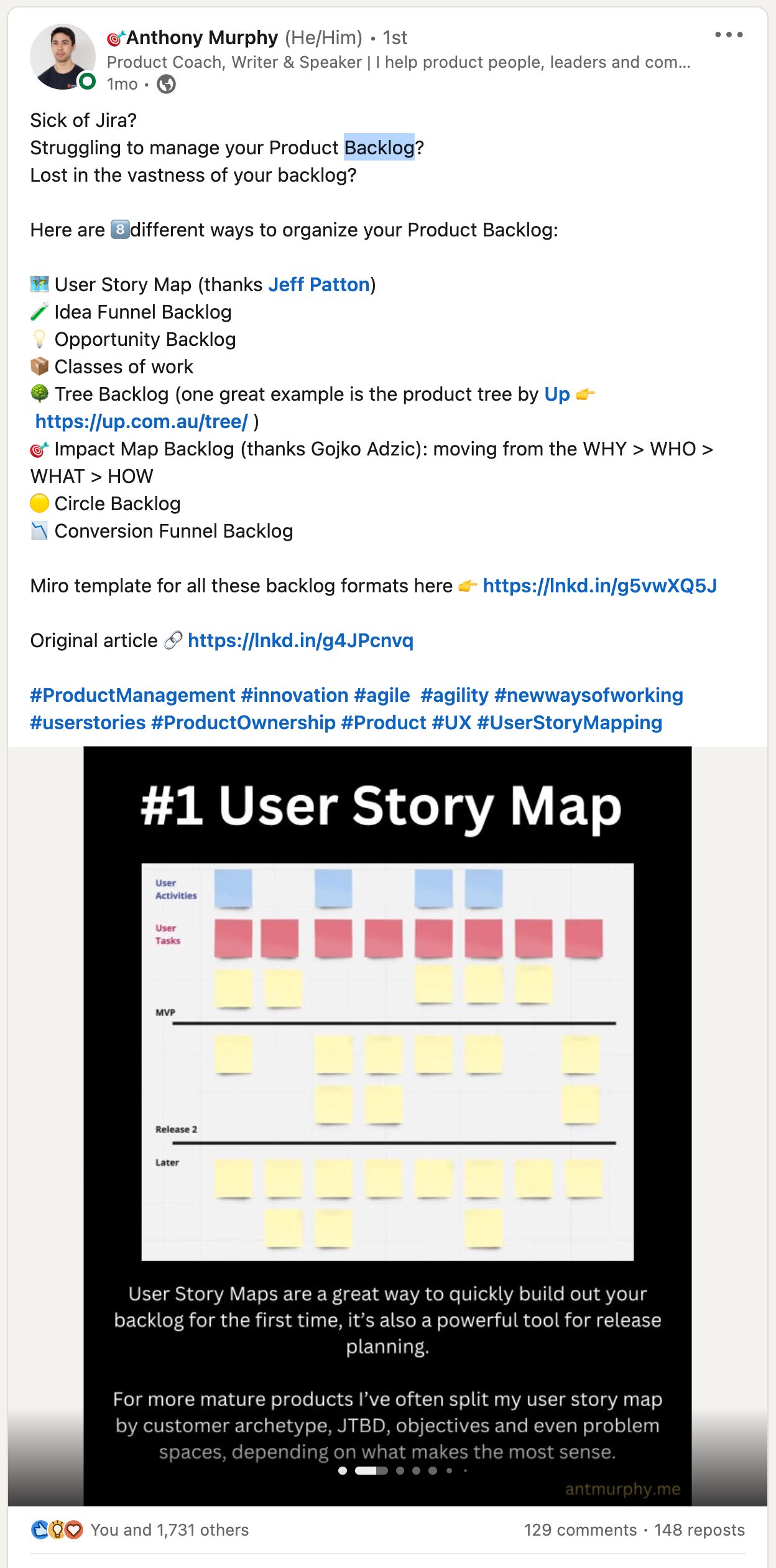 Ant Murphy's LinkedIn post about the different product backlogs